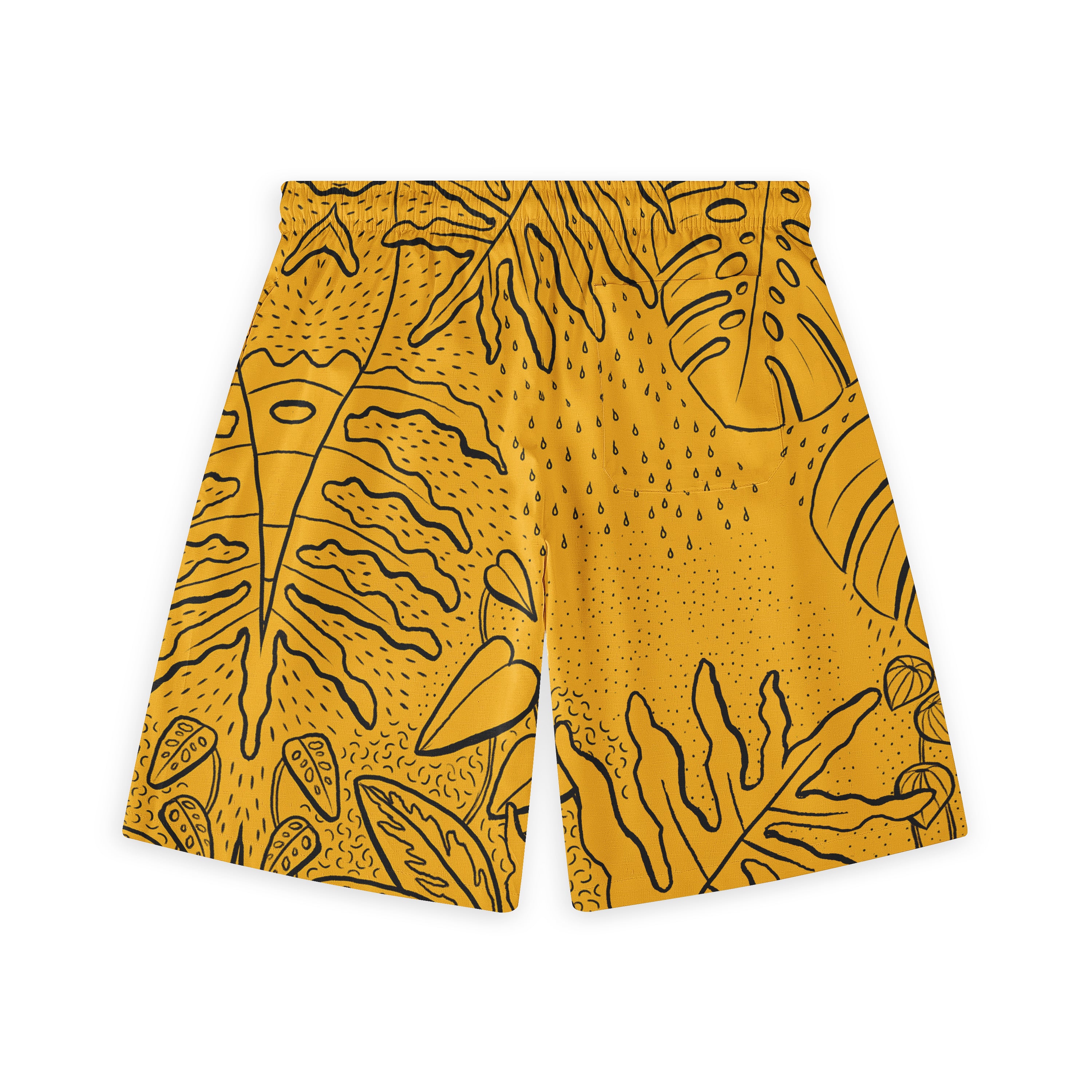 Back view of mustard yellow shorts featuring bold black abstract leaf and pattern designs.