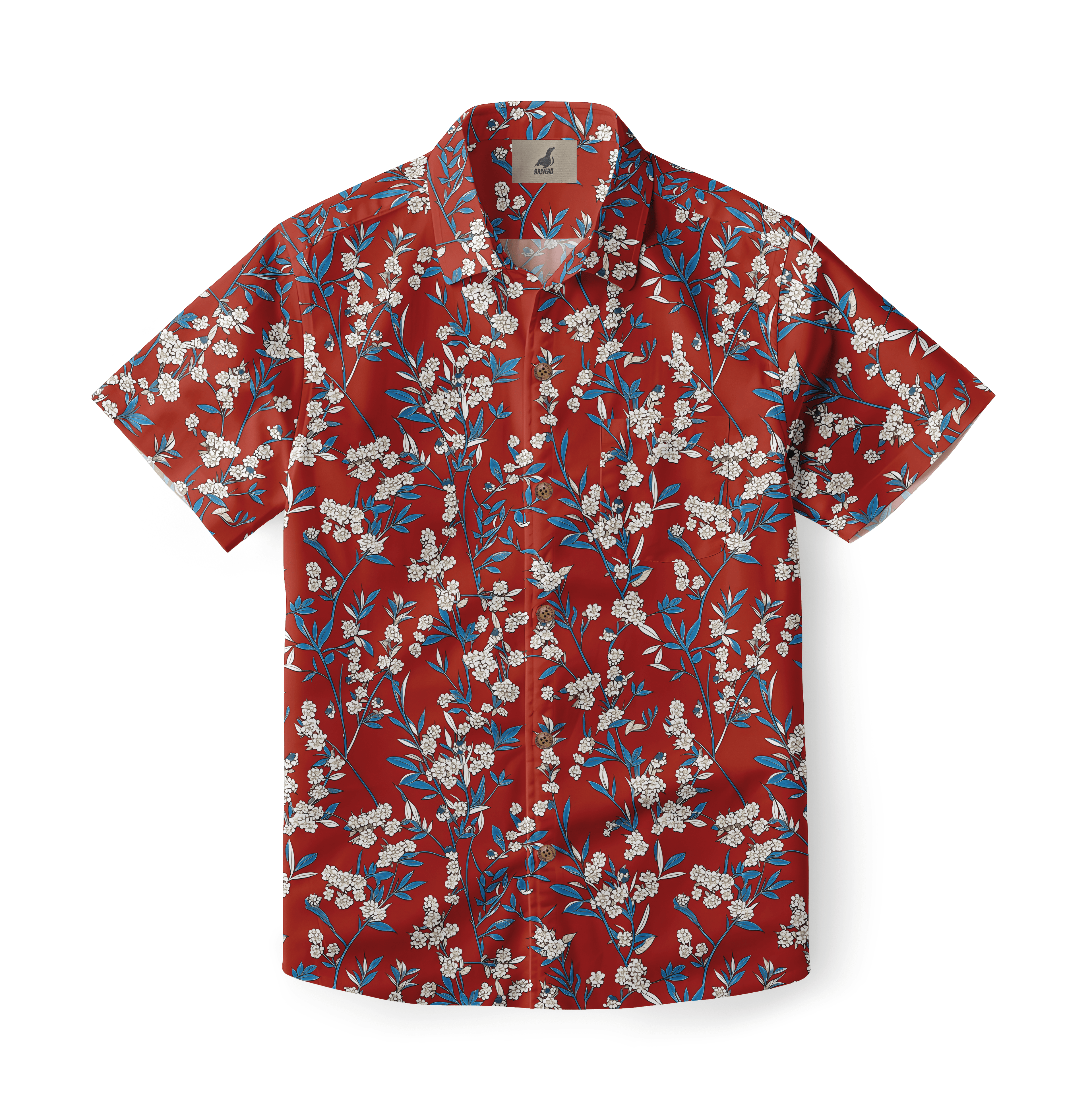 Red floral shirt with white blossoms and blue leaves.