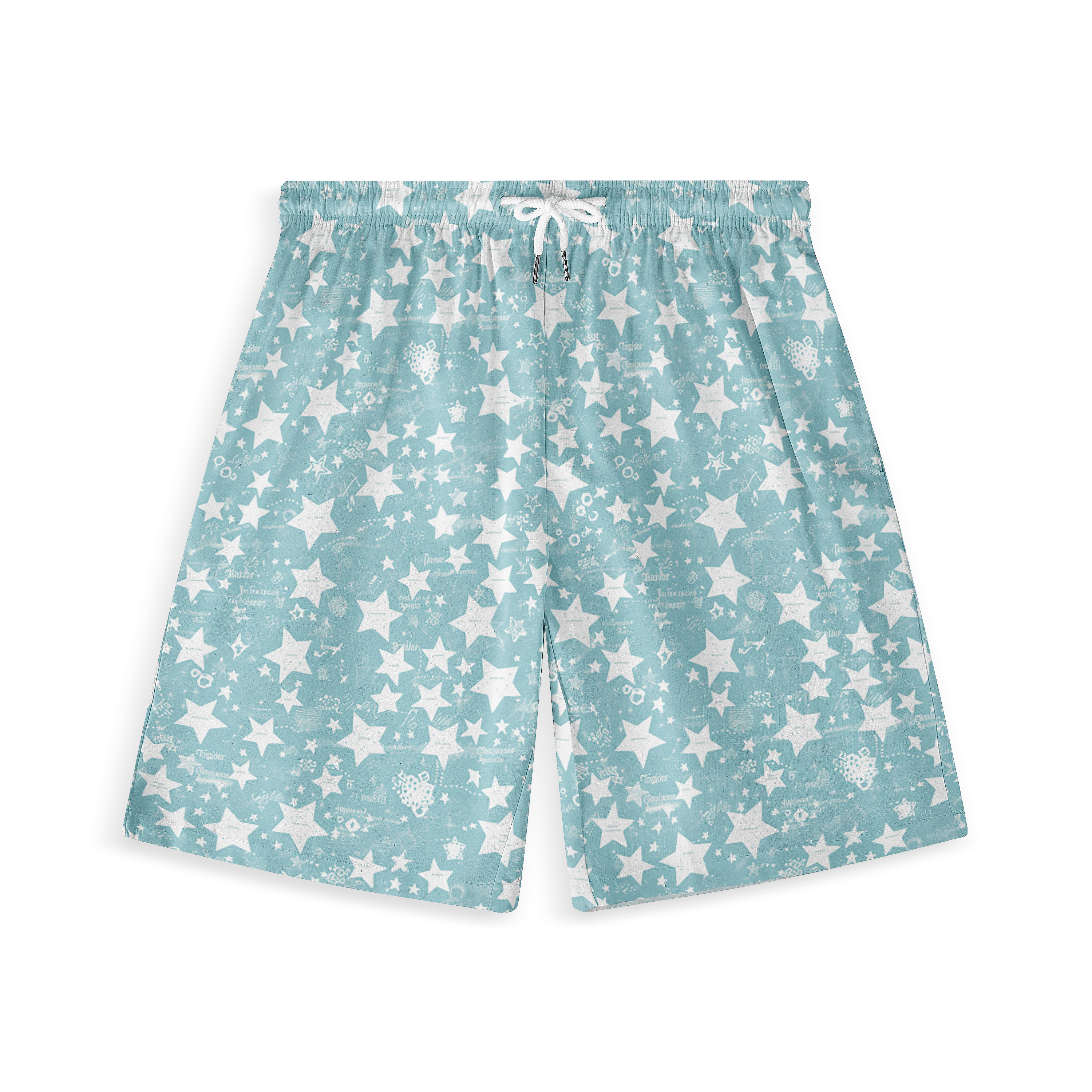 A pair of shorts featuring a design with white star shapes, bubbles, and small sea creatures scattered across a light blue background, creating a dreamy and whimsical look.