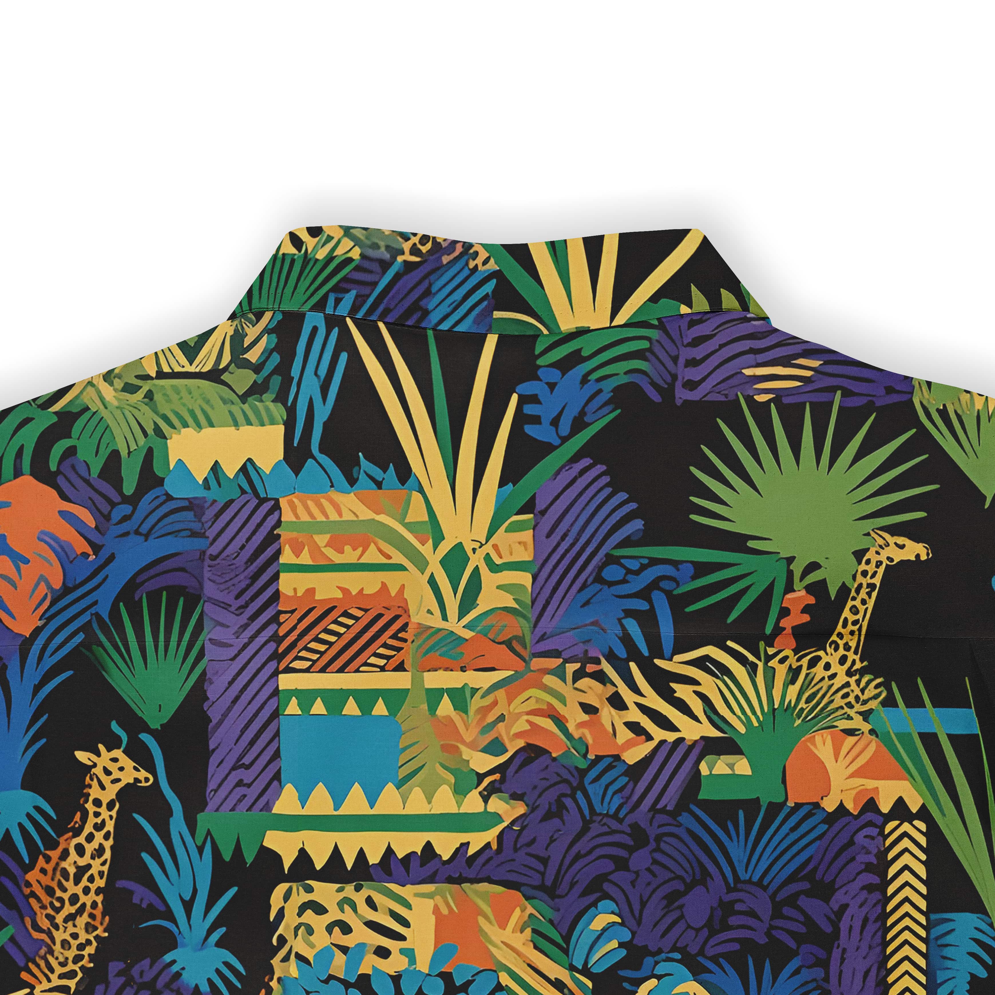 Shirt detail showcasing colorful, abstract jungle patterns and shapes.