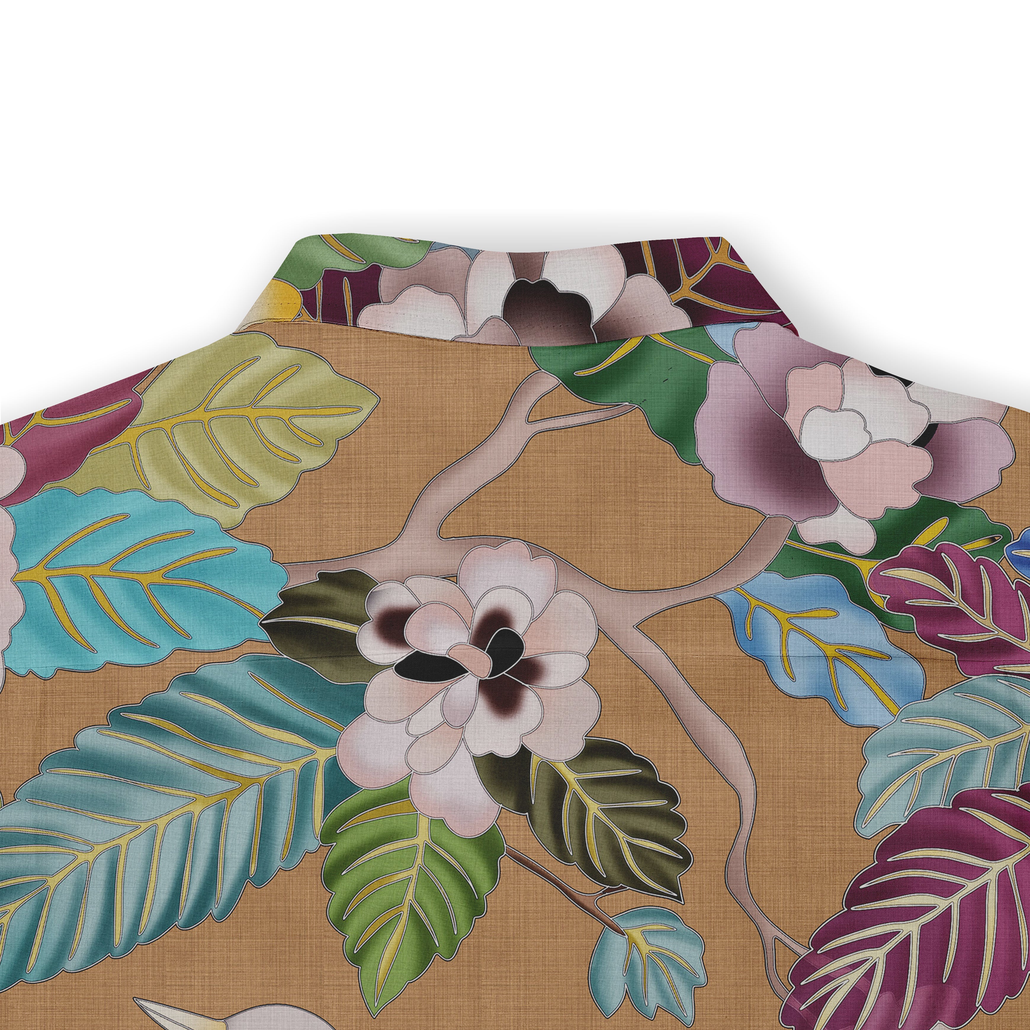 A detailed view of the shirt’s back collar area, featuring a vibrant floral and leaf pattern in soft greens, blues, purples, and beige tones, giving a natural and artistic look to the design.