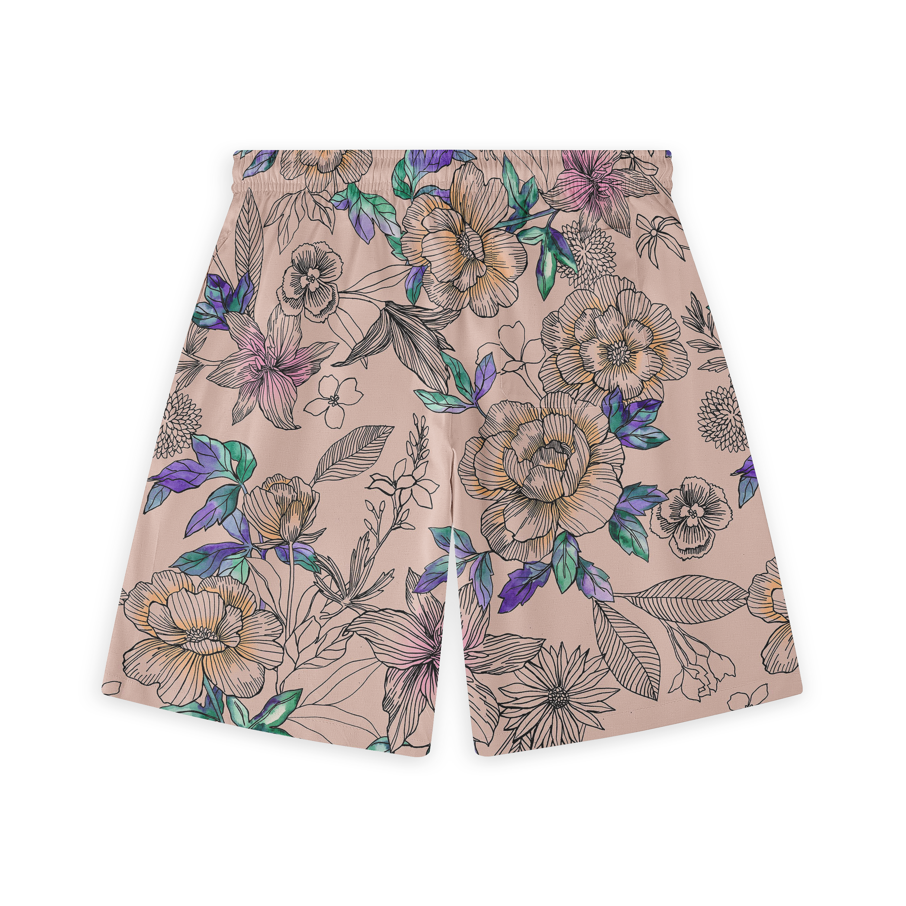 Back view of shorts with a delicate floral pattern in shades of purple, green, and orange on a light beige background.