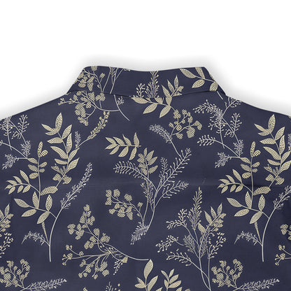 Intricate botanical designs on a navy shirt, capturing the essence of nature&