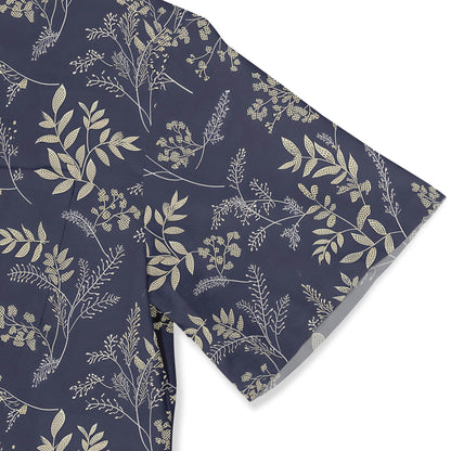 Elegant navy blue shirt adorned with soft floral and foliage motifs.