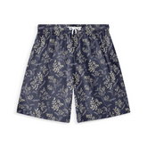 A pair of shorts featuring a dark background with a delicate, light-colored botanical pattern, offering a stylish and nature-inspired design.