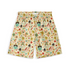 A pair of shorts featuring a playful design with tropical-themed icons, including palm trees, surfboards, and beach elements, set against a light-colored background.