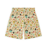 A pair of shorts featuring a playful design with tropical-themed icons, including palm trees, surfboards, and beach elements, set against a light-colored background.