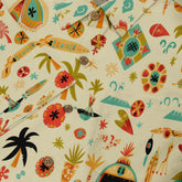 Close-up of a Hawaiian shirt featuring a playful design with various tropical-themed icons, including palm trees, surfboards, and beach elements in vibrant colors on a light background, showing button details and part of the collar.