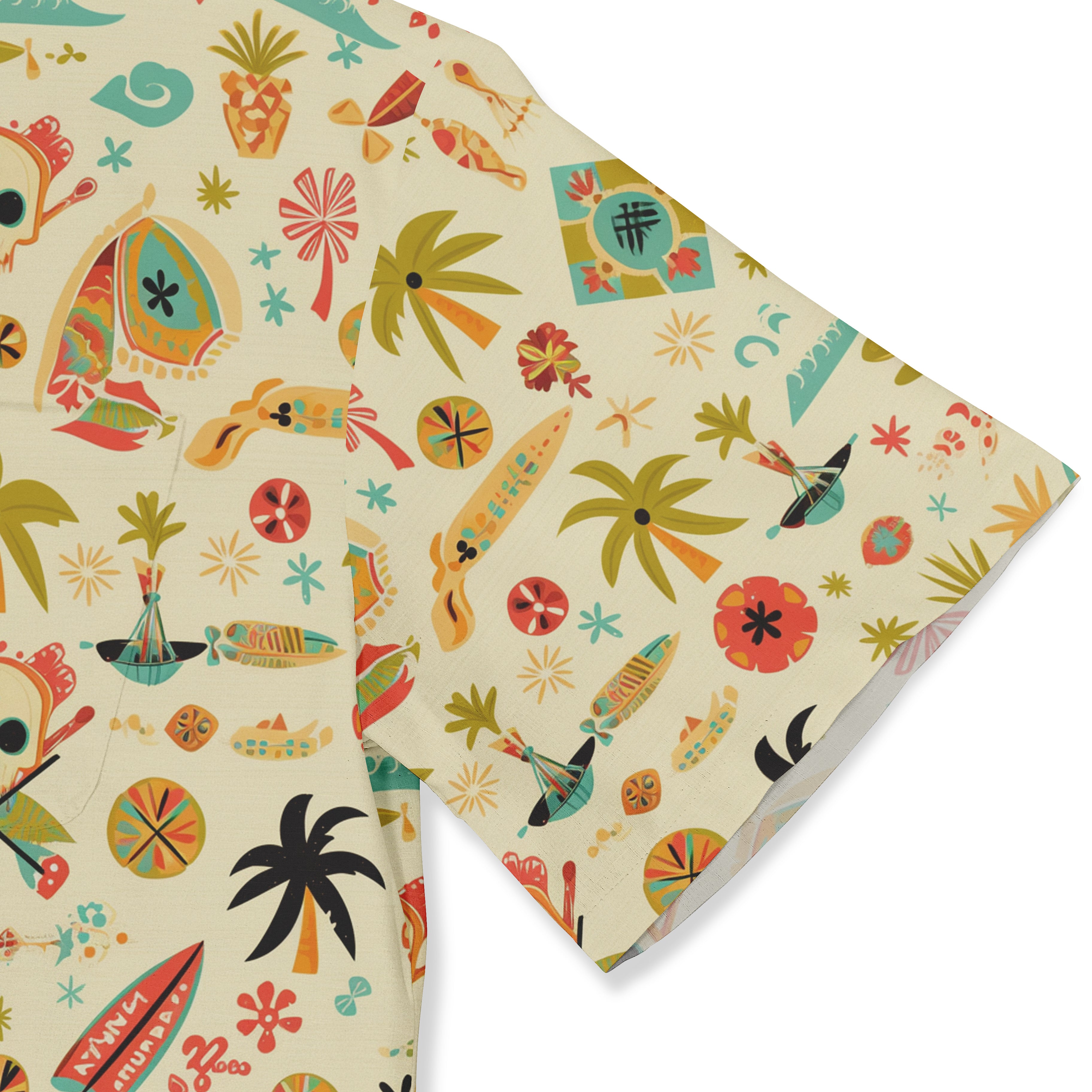 Sleeve of a Hawaiian shirt featuring a playful design with various tropical-themed icons, including palm trees, surfboards, and beach elements in vibrant colors on a light background.