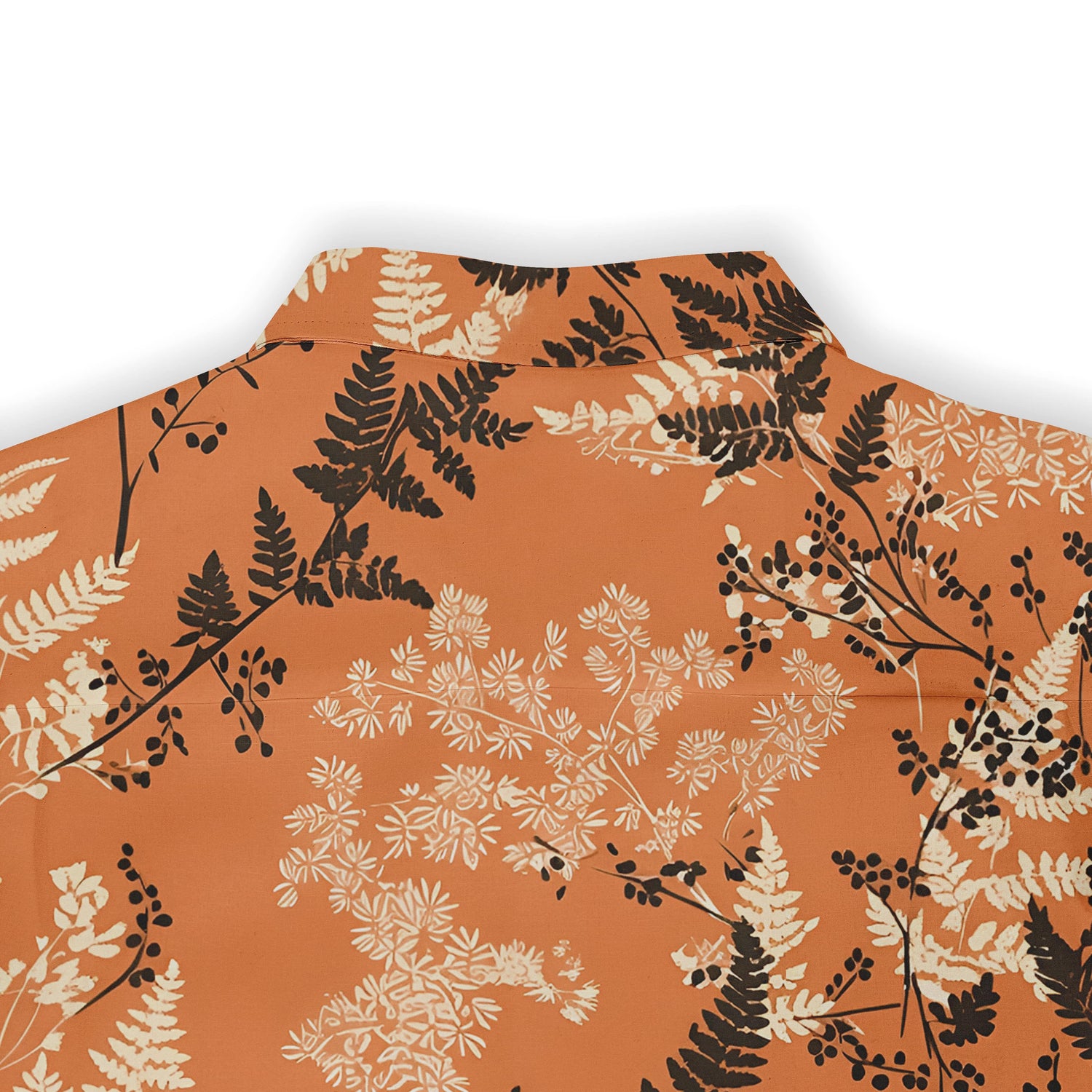 Warm-toned shirt with a pattern inspired by autumn leaves and ferns.