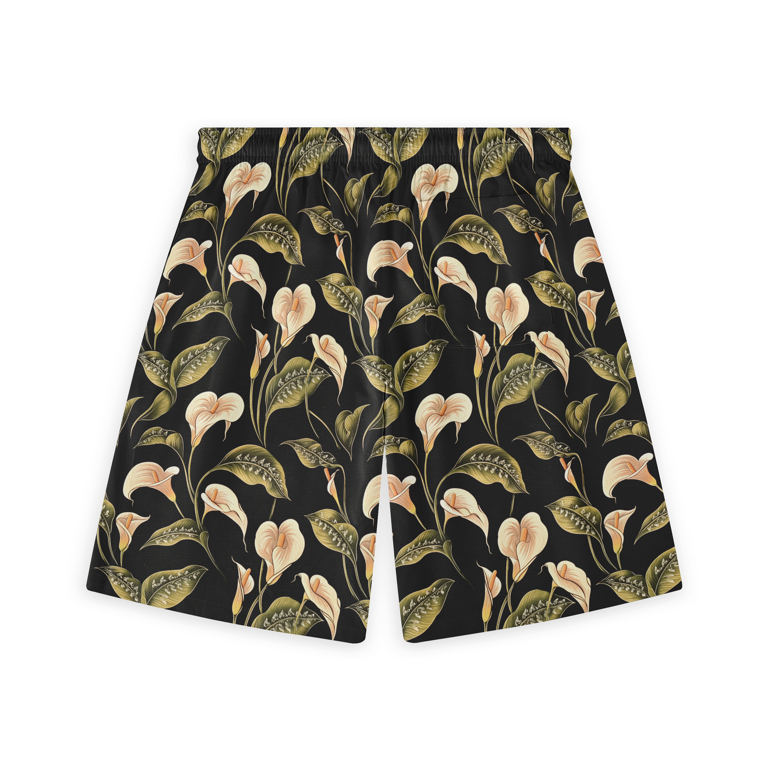 A pair of shorts featuring a design with elegant calla lilies and green leaves on a black background, creating a refined and sophisticated look.