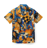 Artistic collage shirt with vibrant urban elements in blue, orange, and yellow.