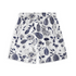 A pair of shorts featuring a design with various cocoa pods and leaves in a monochromatic blue and white color scheme on a light background, offering a stylish and unique botanical look.