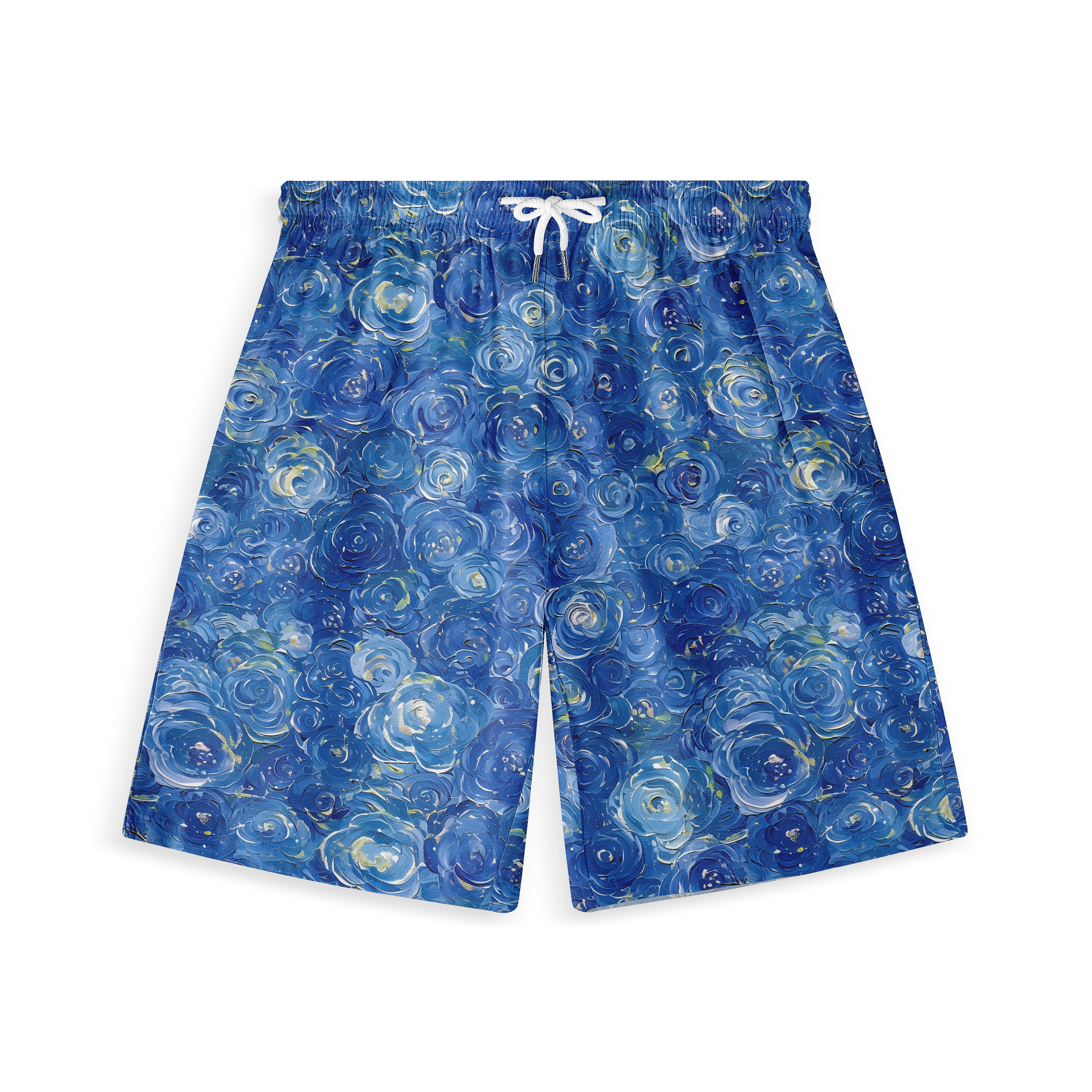 A pair of shorts featuring swirling blue patterns reminiscent of abstract flowers or cosmic elements, creating a vibrant and dynamic look.