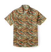 Close-up of Desert Waves patterned shirt with flowing abstract lines.