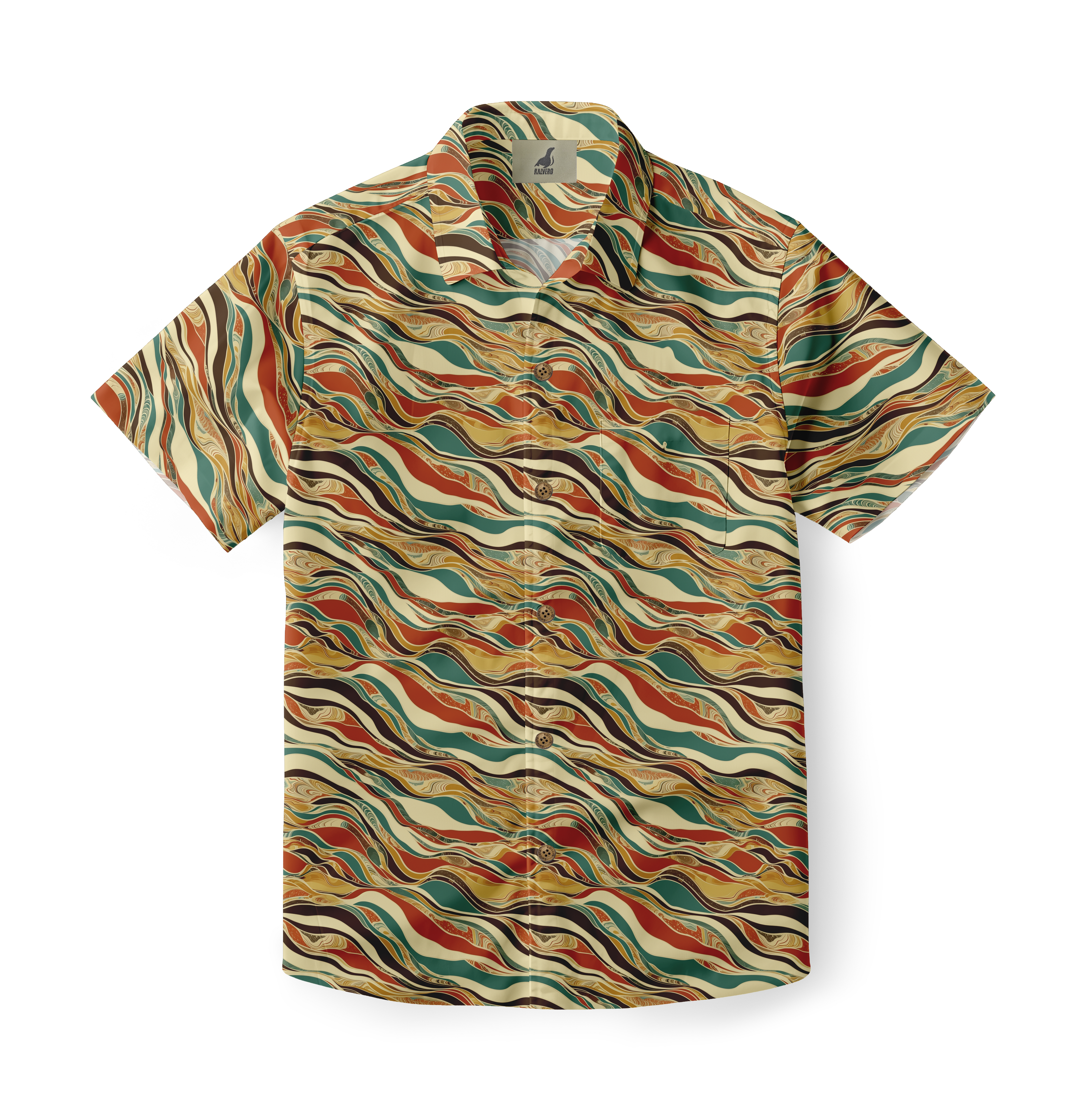 Close-up of Desert Waves patterned shirt with flowing abstract lines.