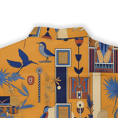 Shirt depicting the elegance and grandeur of ancient Egyptian art in deep blues and golden yellows.