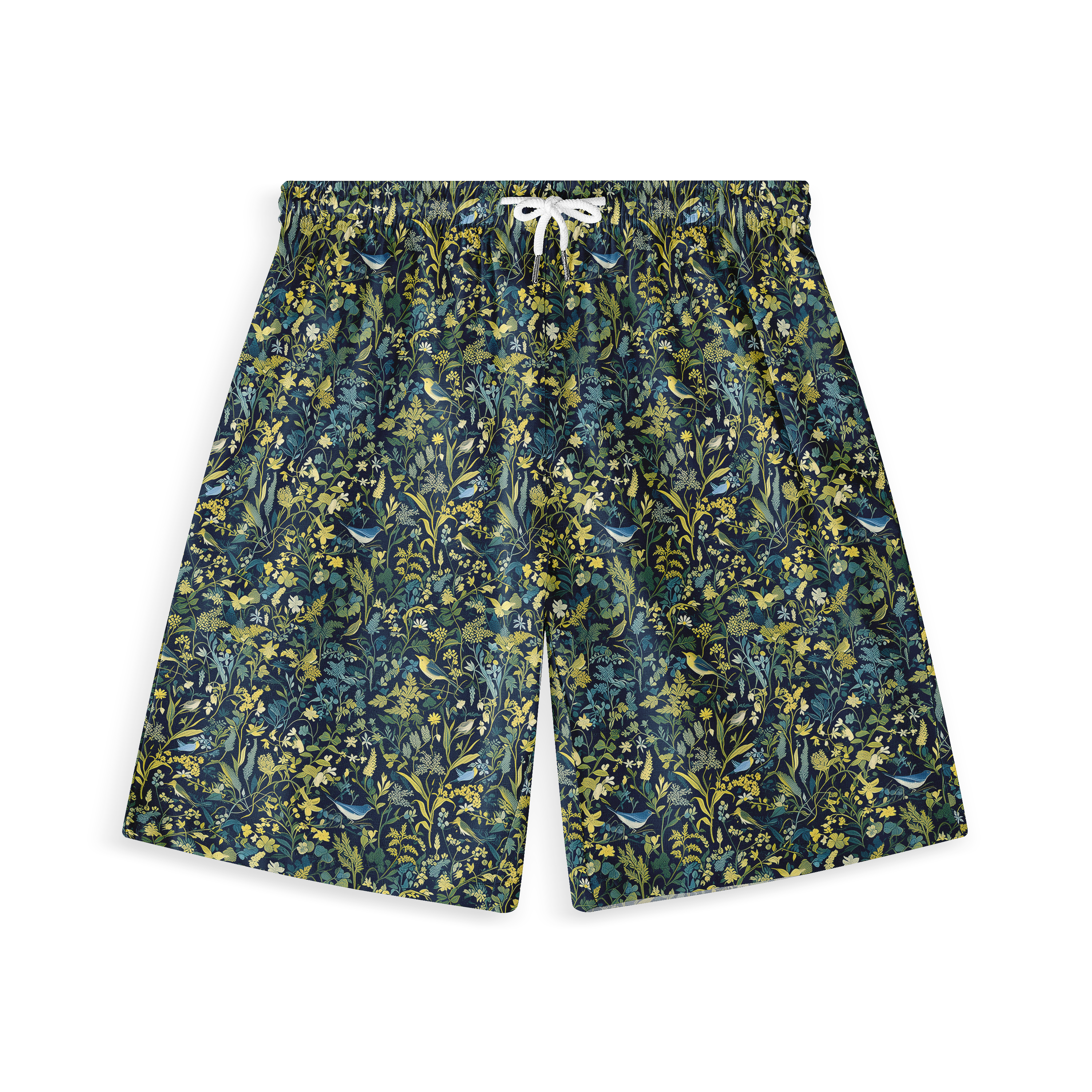 A pair of shorts featuring a design with intricate foliage, birds, and botanical elements in deep, natural tones, evoking the mysterious beauty of an enchanted forest.