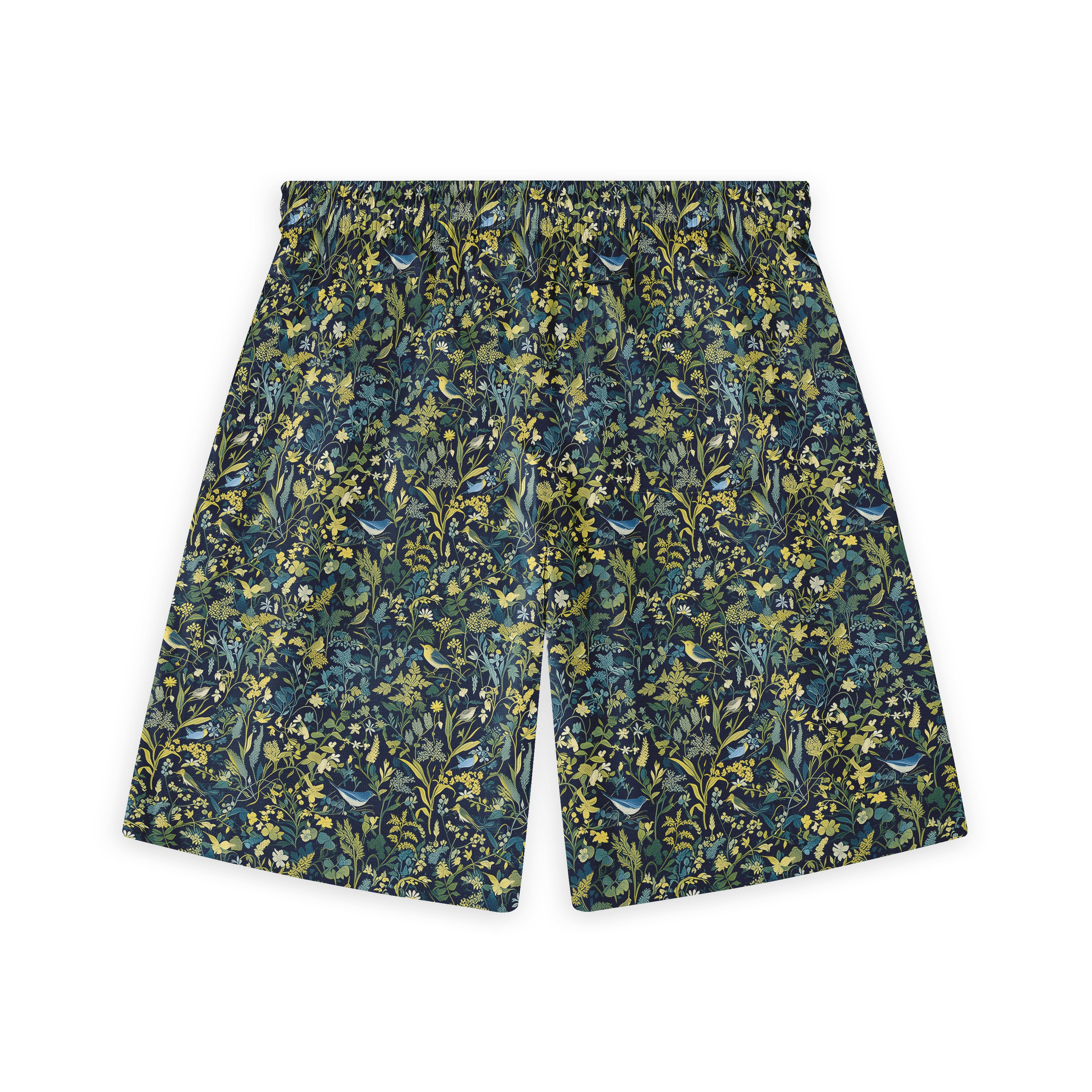 A pair of shorts featuring a design with intricate foliage, birds, and botanical elements in deep, natural tones, evoking the mysterious beauty of an enchanted forest.