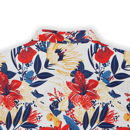 Bright floral print shirt combining red flowers and blue foliage.