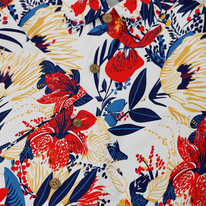 Floral shirt with red blossoms and blue leaves, perfect for summer.