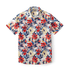 Bold red floral pattern shirt with blue leaves on a white background