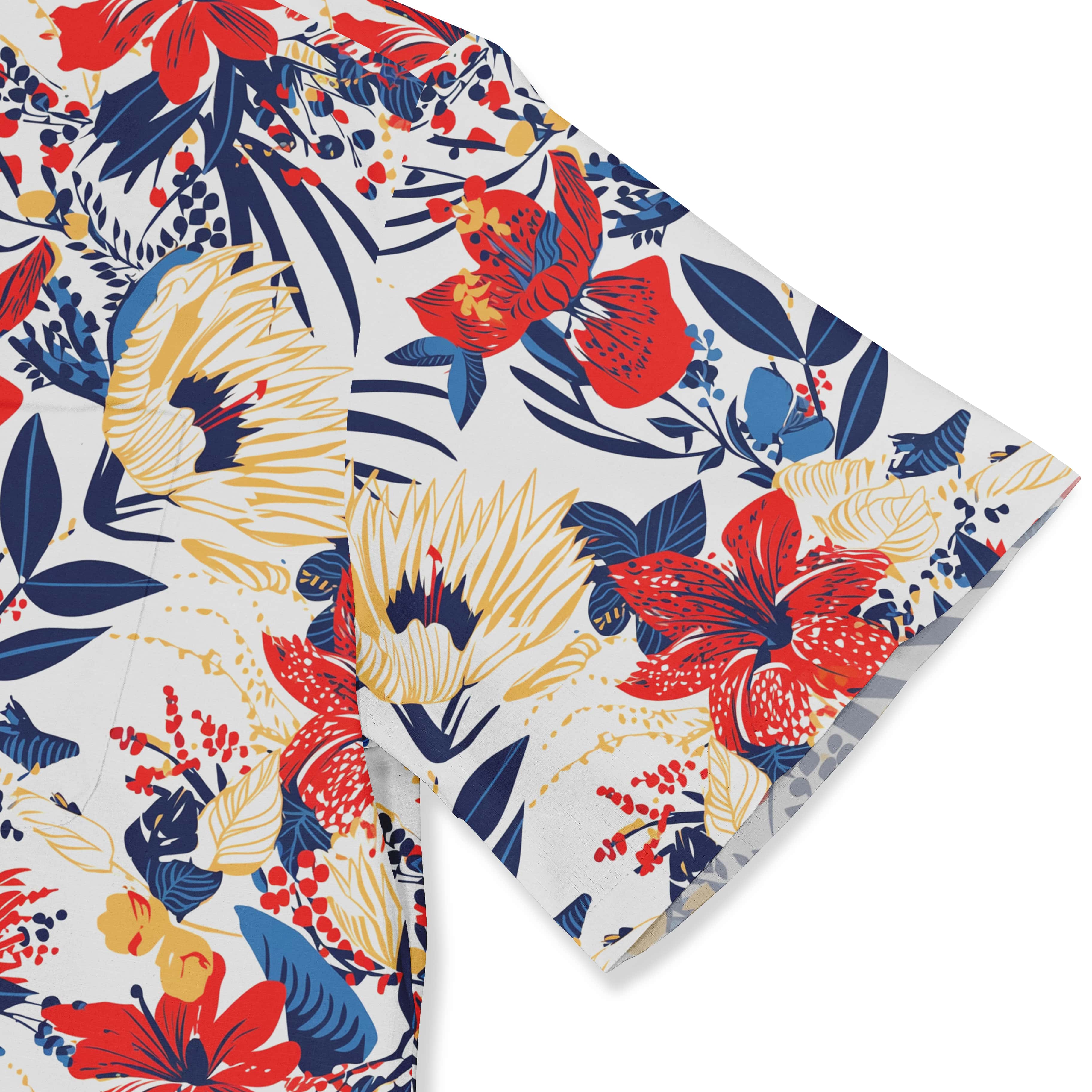 Dynamic red and blue floral print shirt for a lively look.