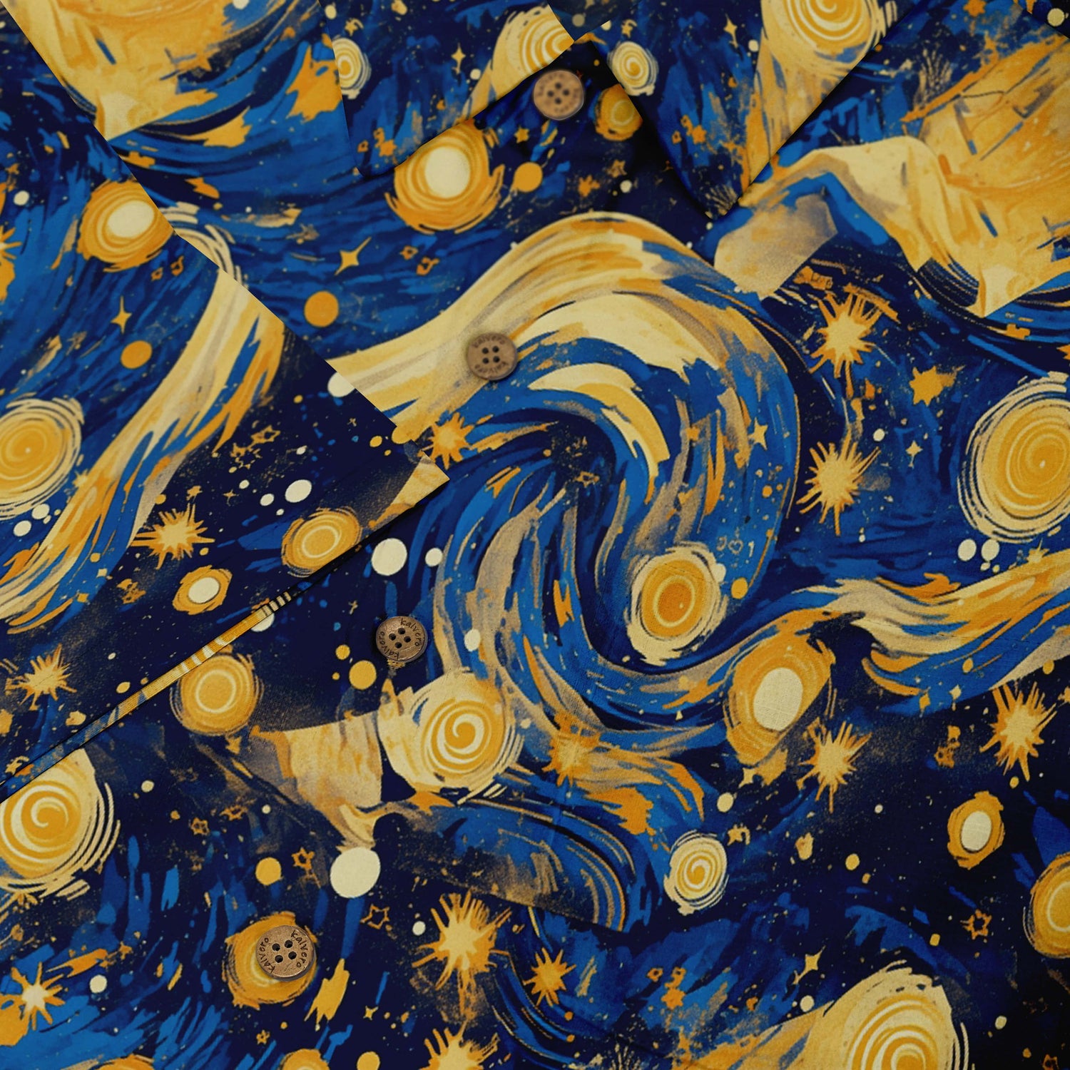 Majestic whales gliding through a starry night sky on a patterned shirt.