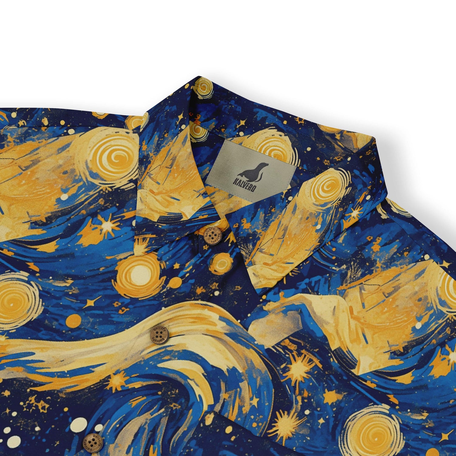 Galactic-themed shirt with swirling waves and starry night design.