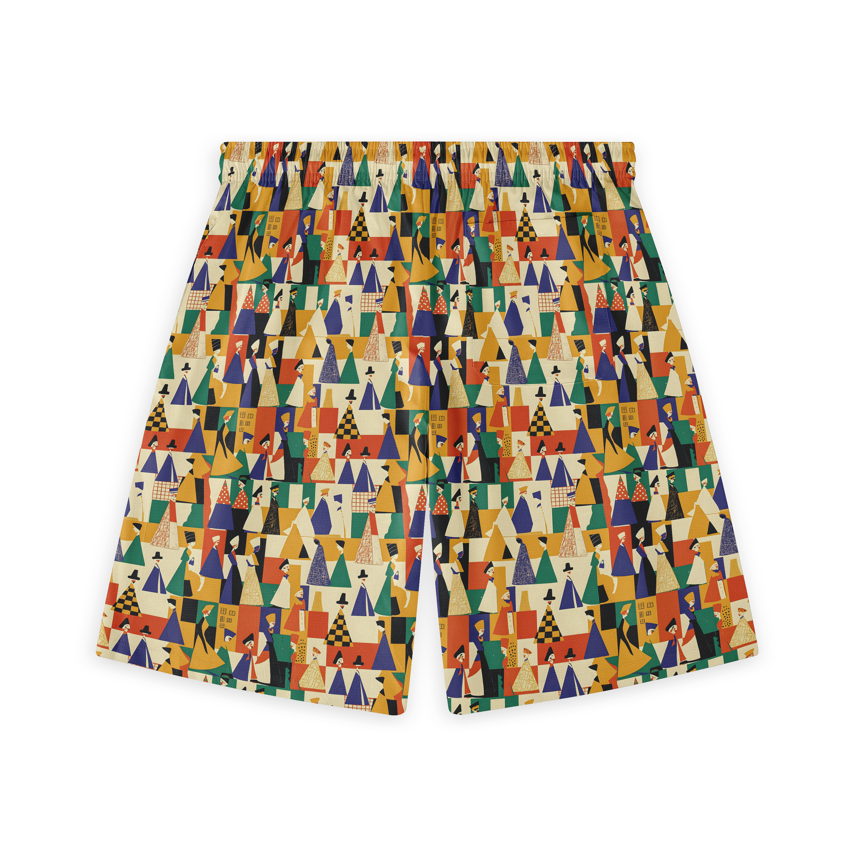 A pair of shorts featuring a design with geometric shapes and abstract human figures in various colors, creating a bold and artistic pattern.