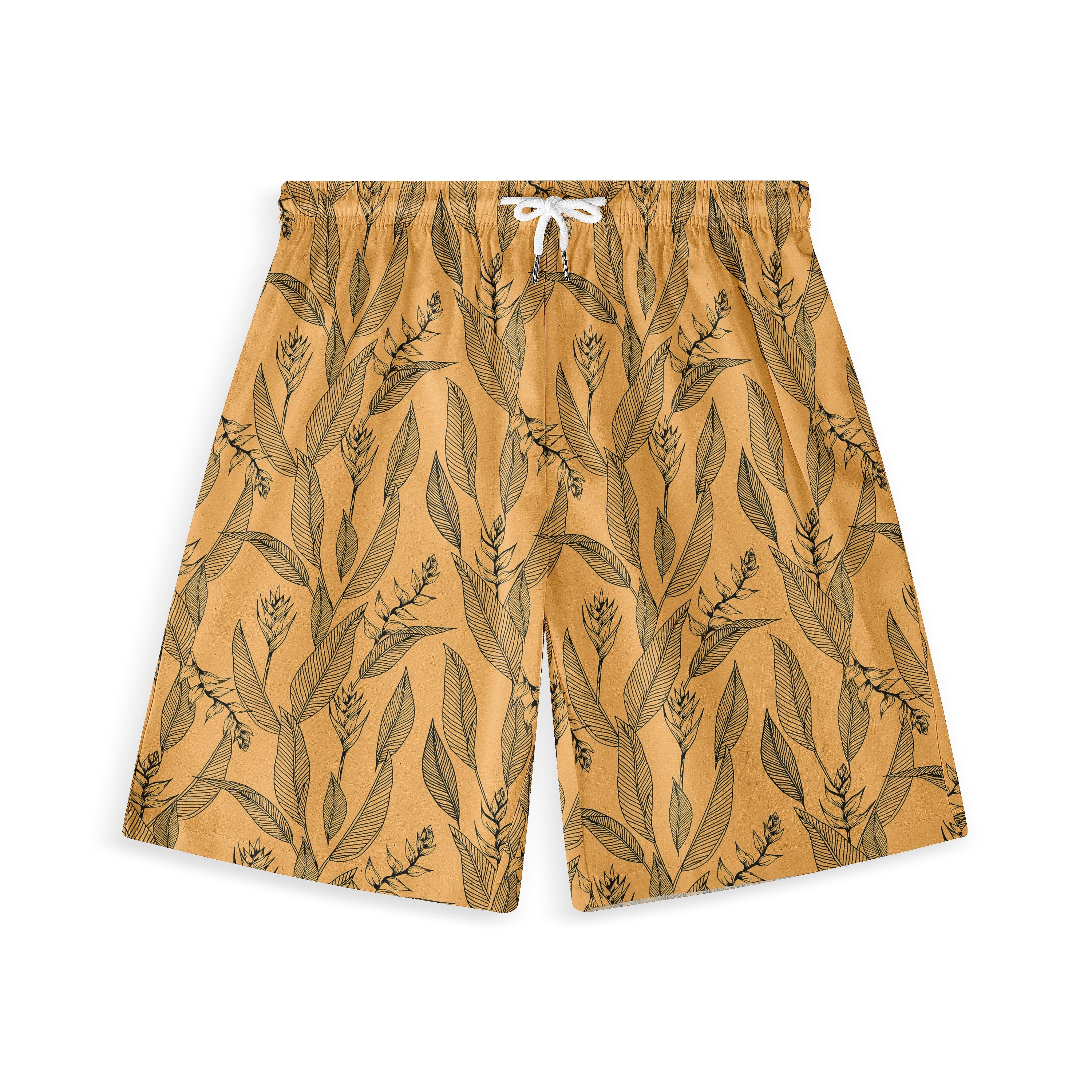 Front view of a pair of shorts featuring a botanical design with detailed black line-drawn leaves and flowers on a warm yellow background, complemented by a white drawstring waistband for an adjustable fit.