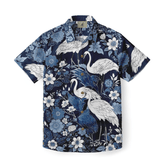 Chic shirt with blue and white cranes and floral patterns, exuding sophistication