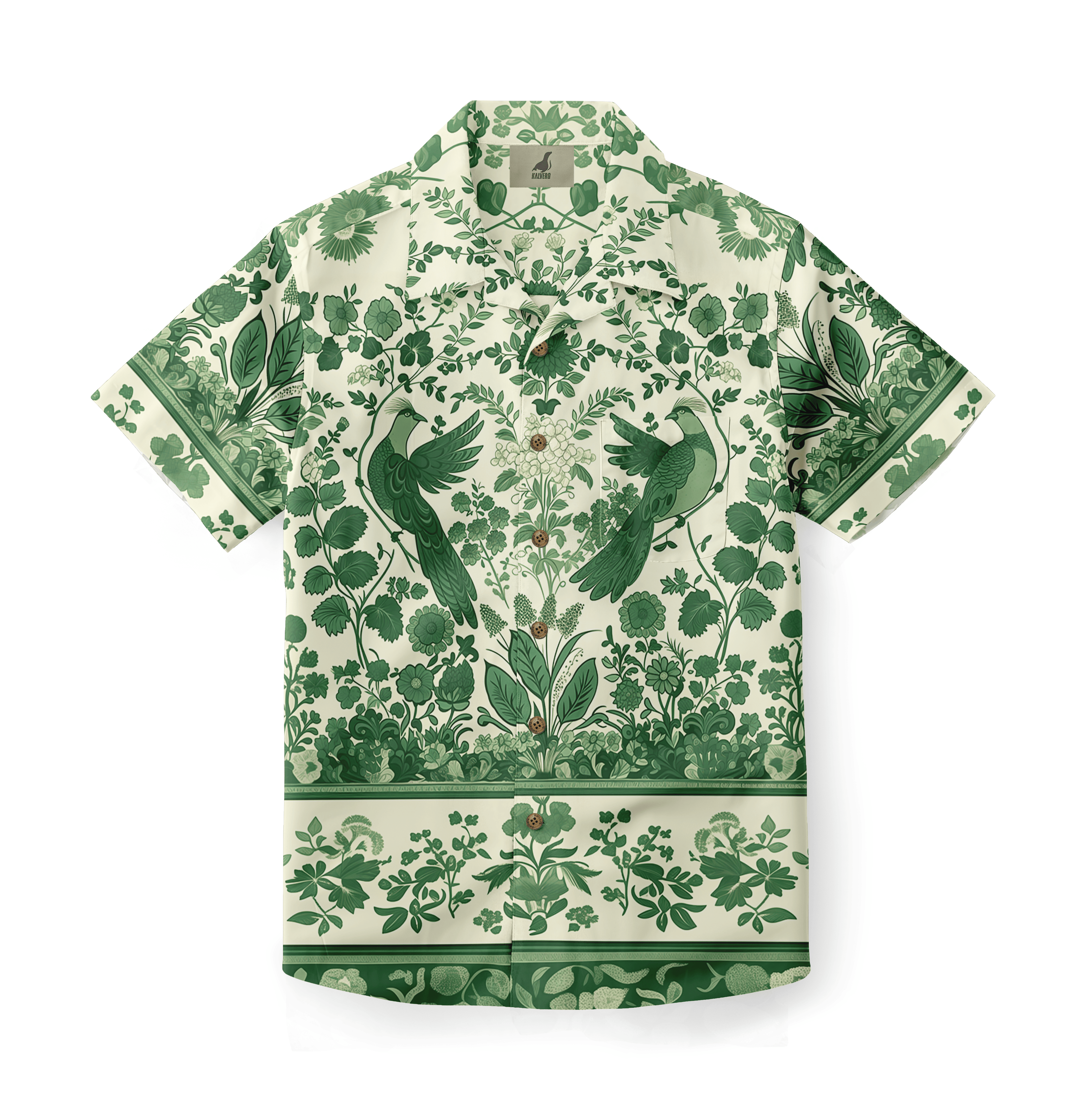 Green floral patterned shirt with birds symbolizing peace and harmony