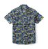 Shirt featuring detailed tropical island scenes on a blue background.