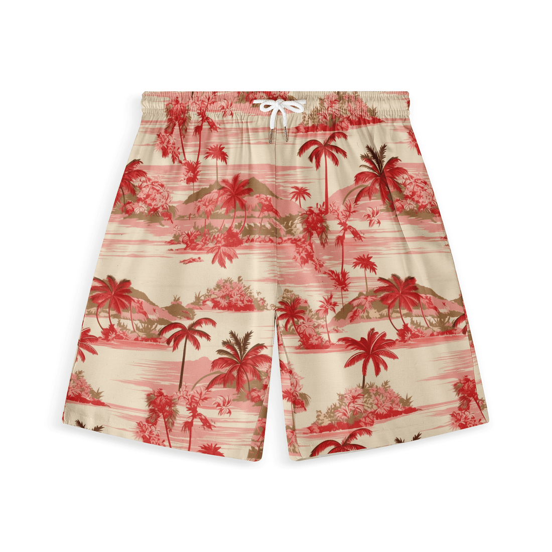 Hawaiian short with vibrant red tropical island scene and palm trees.