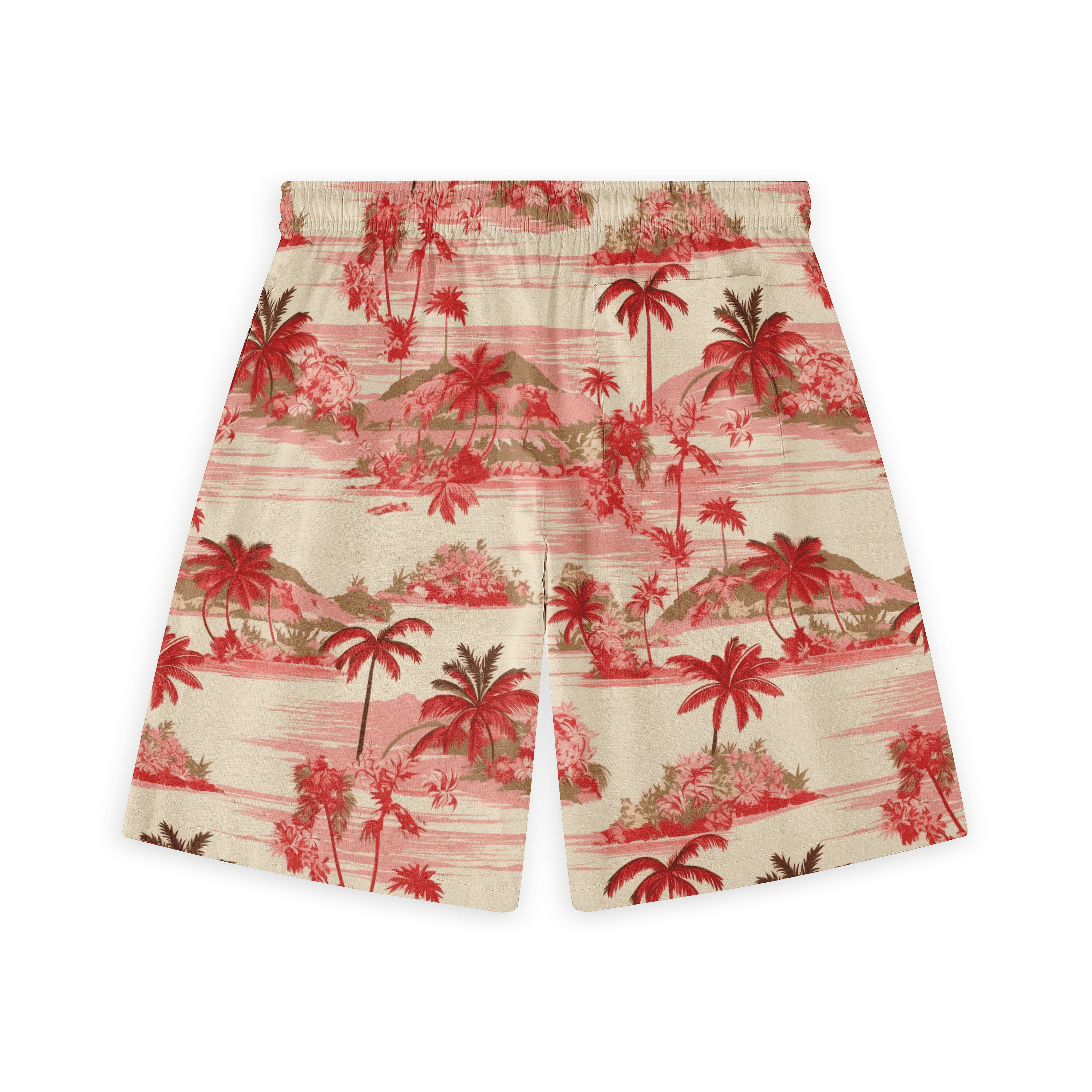 Red tropical island pattern Hawaiian short with palm trees and flowers.