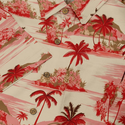 Close-up of a Hawaiian shirt featuring a design with red palm trees and tropical scenery on a light-colored background, showing button details and the collar area.