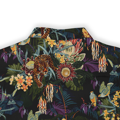 This image displays the back of a shirt collar with a detailed design featuring vibrant flowers, a leopard, and birds, creating a rich and exotic look.