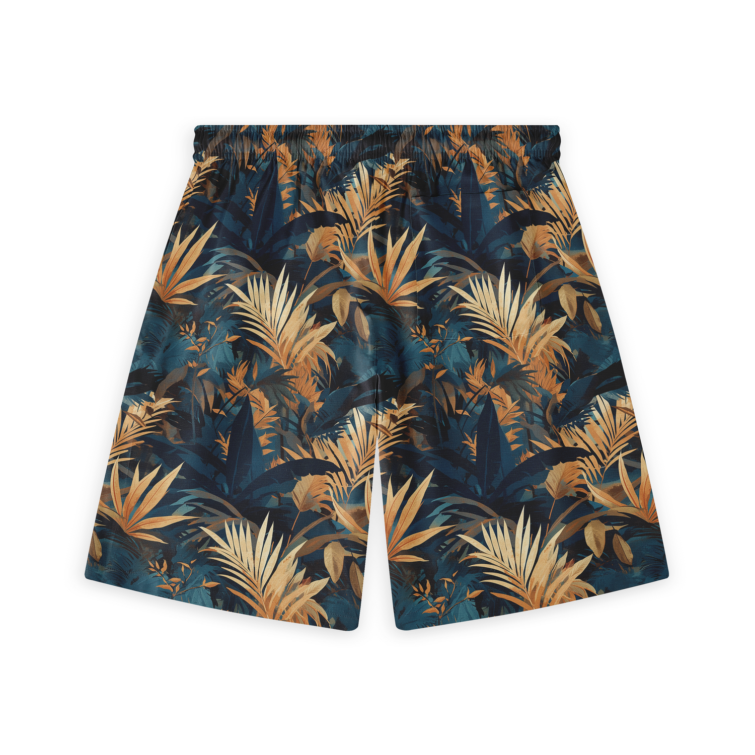 A pair of shorts featuring vibrant tropical foliage in shades of blue, green, and orange, creating a bold and dynamic jungle-inspired design.