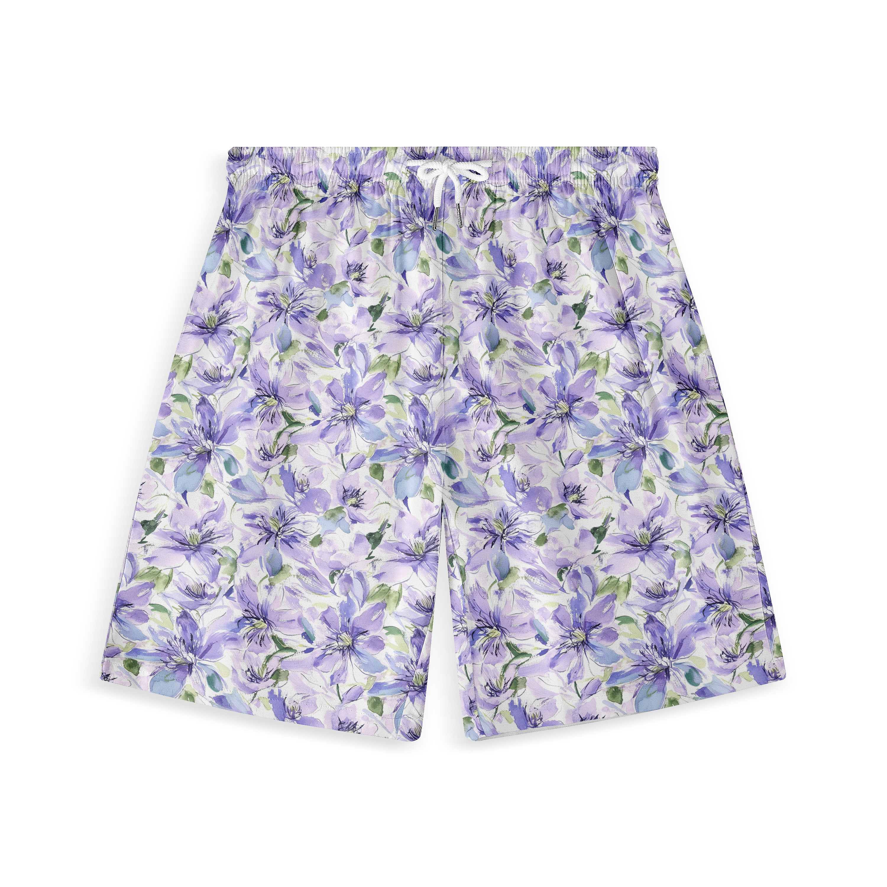 A pair of shorts featuring intricate purple and green flowers on a light background, creating a soft and elegant floral design.