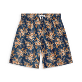 A pair of shorts featuring intricate blue and white floral patterns on a dark background, creating a classic and elegant design.