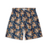 A pair of shorts featuring intricate blue and white floral patterns on a dark background, creating a classic and elegant design.