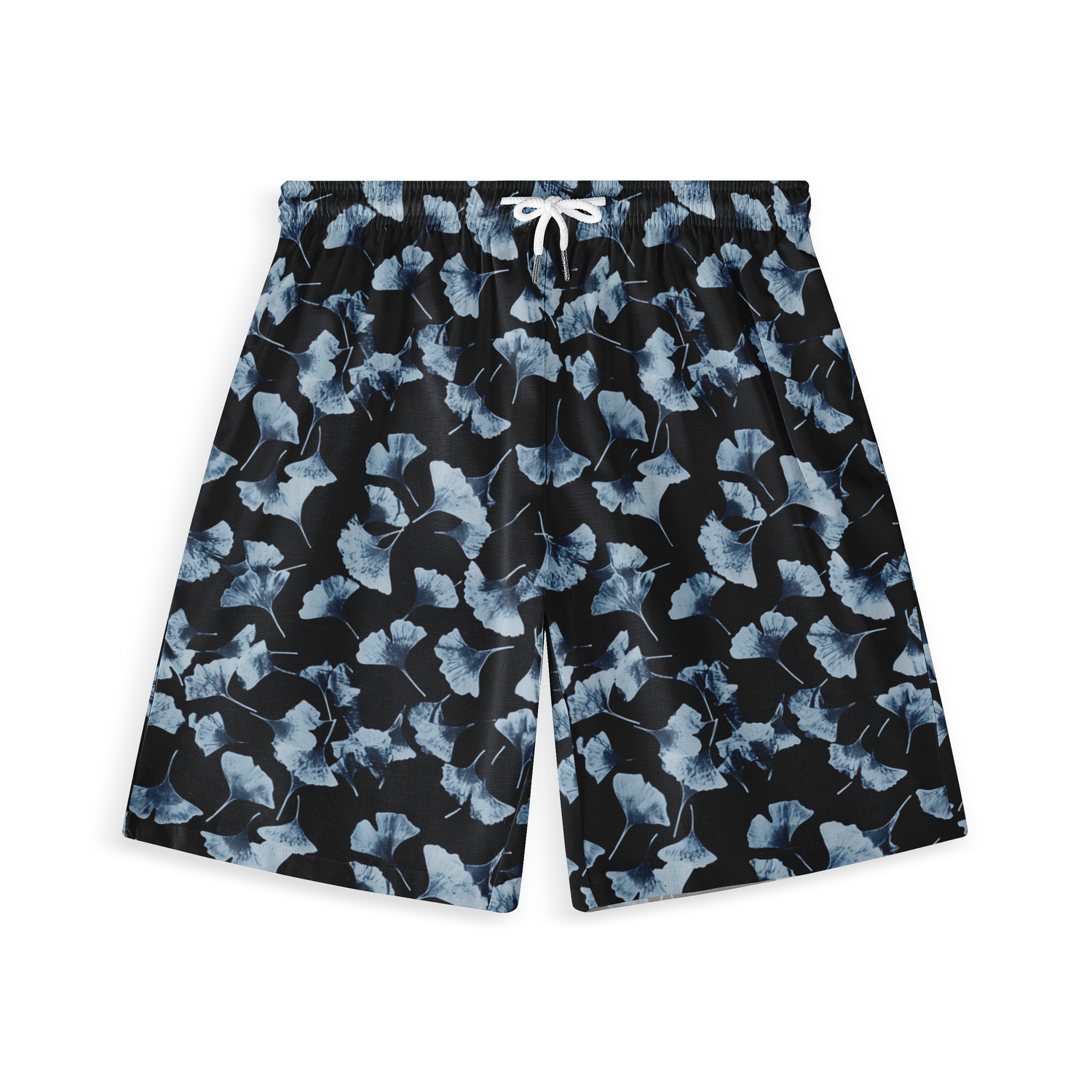 A pair of shorts featuring a design with blue ginkgo leaves scattered across a black background, creating a striking and serene look.