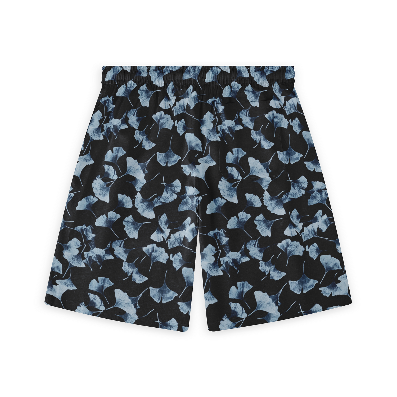 A pair of shorts featuring a design with blue ginkgo leaves scattered across a black background, creating a striking and serene look.