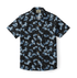 Black shirt with blue ginkgo leaf pattern.