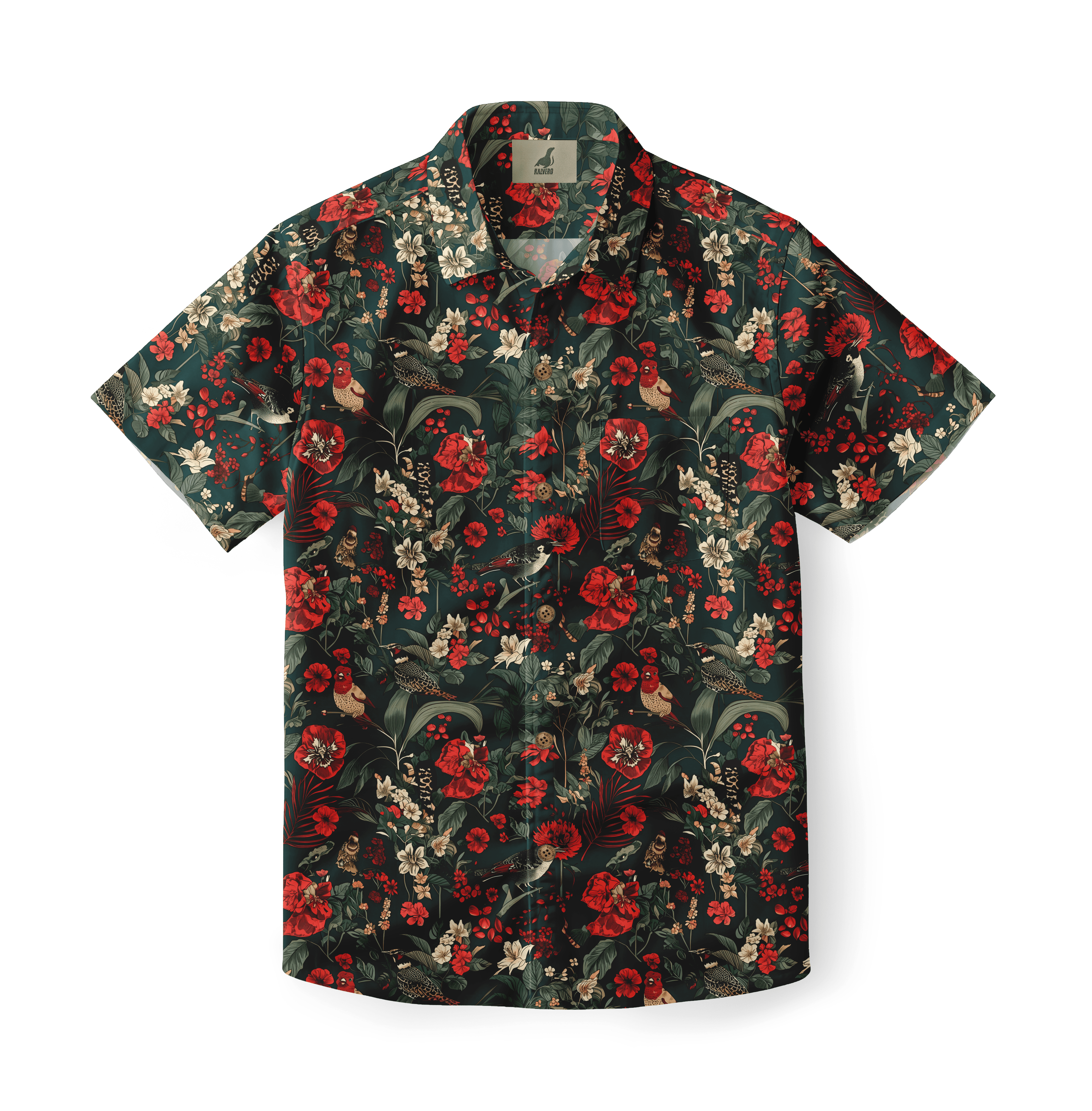 Shirt with a floral and bird pattern in rich red and white tones on a dark background.