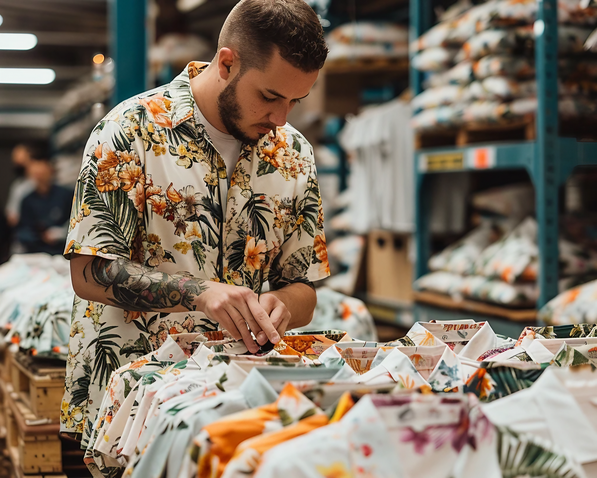 A man processing orders in a warehouse filled with floral shirts.