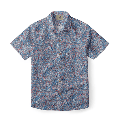 A classic paisley shirt with intricate floral details in blue, red, and green, dyed with natural indigo and madder root.