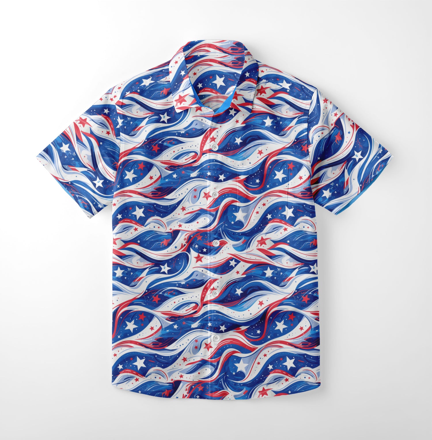 Shirt with dynamic red, white, and blue waves and bold stars.