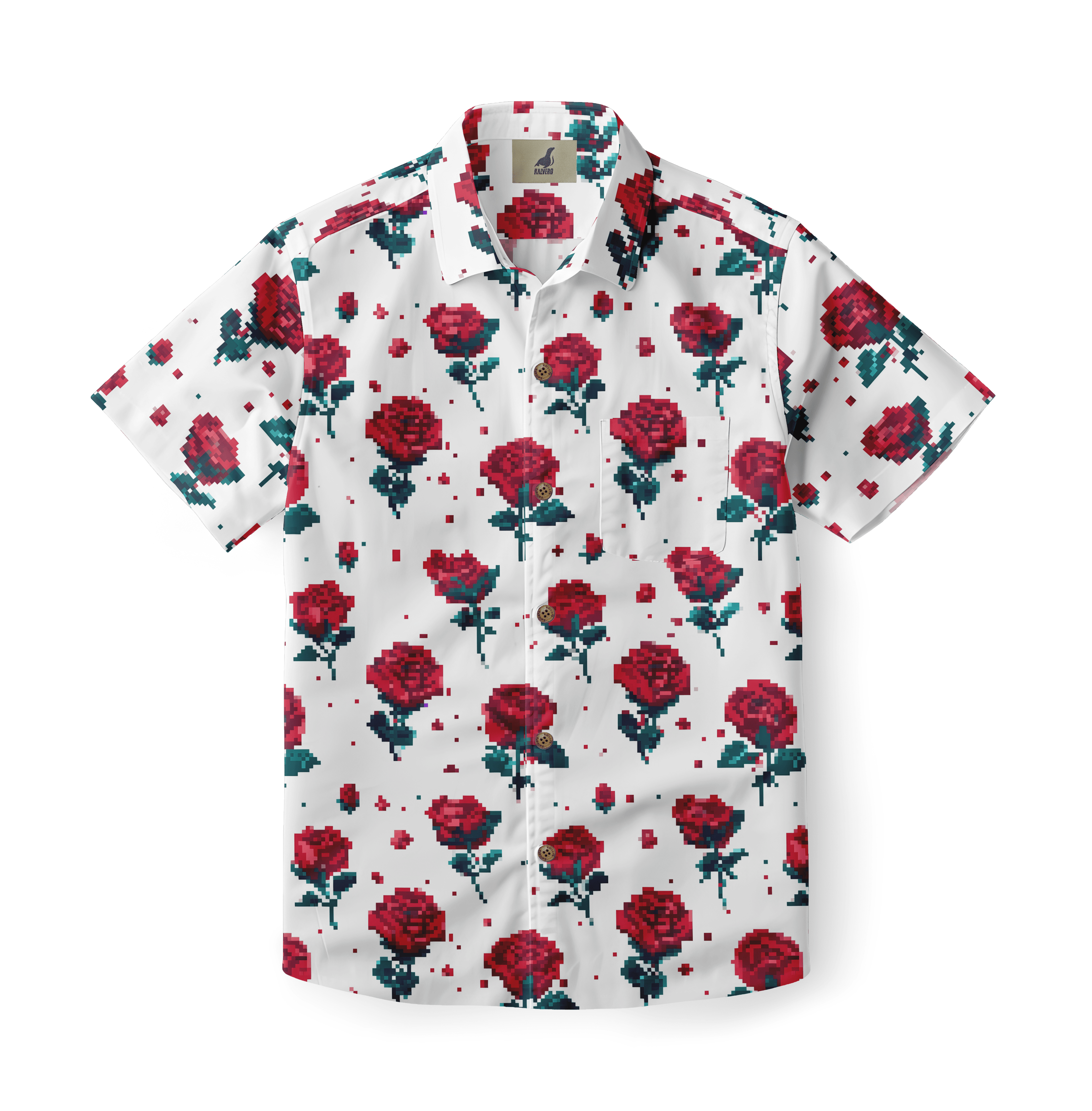 Pixelated red roses on a white shirt